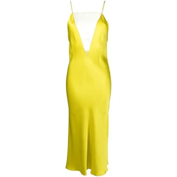Stella Mccartney Vneck Sheer Panel Spaghetti Strap Silk Dress - It38 Yellow